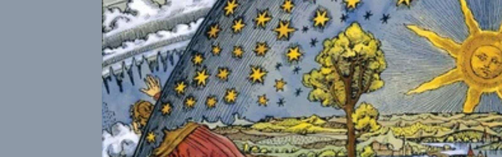 Illustration of a man peeking beyond the earth's atmosphere, revealing a hidden realm with stars, a tree, and a sun with a face, blending both celestial and terrestrial elements.