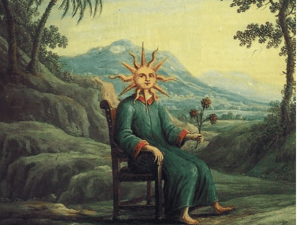 A person with a sun-like head, seated on a chair in a tranquil outdoor setting, holding flowers with mountains and trees in the background.